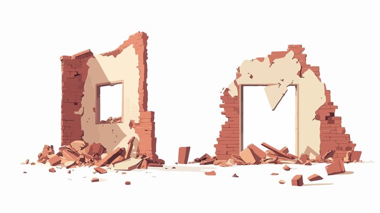 Vector ruinas de edificios destruidos con paredes rotas desintegración urbana fondo arquitectónico