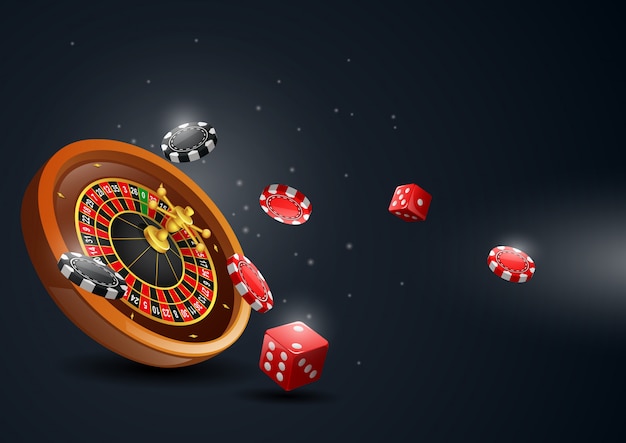 Ruleta de casino con fichas de póquer y dados rojos.