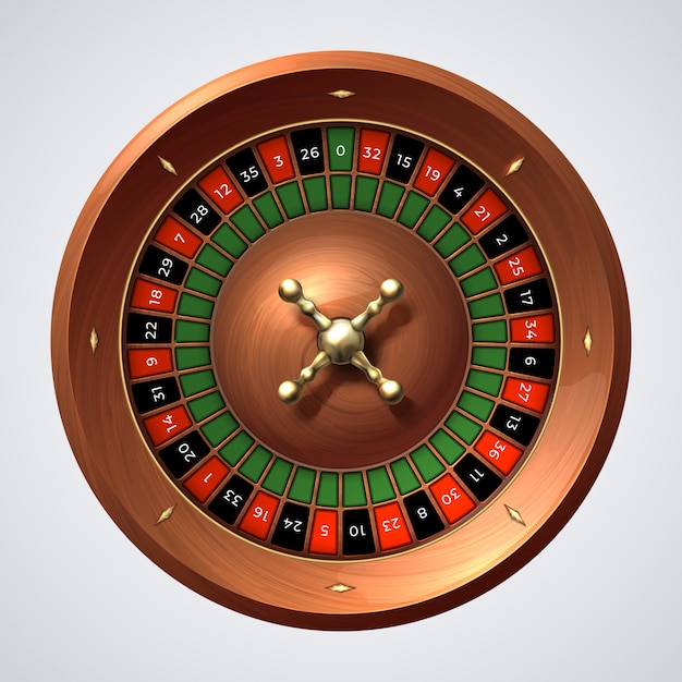 Ruleta de casino. Juego aislado giro rojo de madera, bote de suerte.