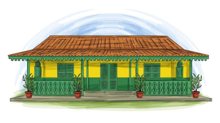 Vector rumah betawi tradicional betawi jakarta indonesia casa de dibujos animados dibujados a mano