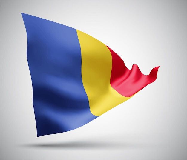Rumania, bandera vectorial con olas y curvas ondeando en el viento sobre un fondo blanco.