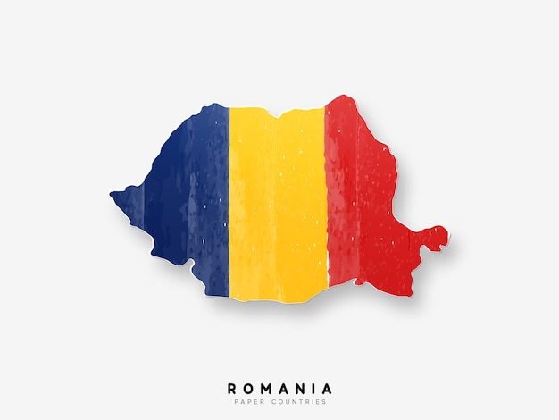 Rumania mapa detallado con bandera del país. Pintado en colores de pintura de acuarela en la bandera nacional.