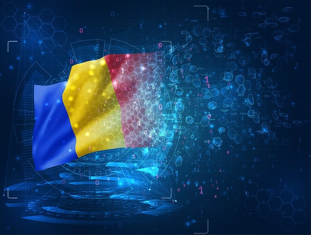 Rumania, vector bandera 3d sobre fondo azul con interfaces hud