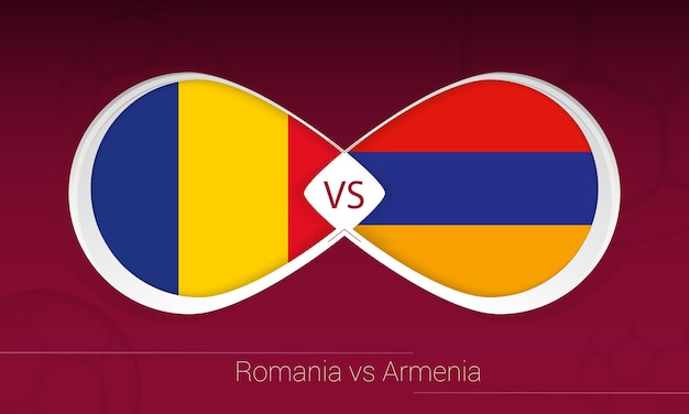 Rumania vs Armenia en la competencia de fútbol, Grupo J. Versus icono sobre fondo de fútbol.