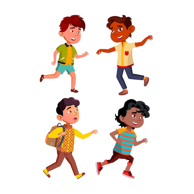 Running Kids Boys Sportive Exercise Set Vector Colegiales Corriendo Y Tarde En La Escuela O Jugando En El Patio De Juegos Personajes Niños Jogging Actividad Deportiva Ilustraciones De Dibujos Animados Planos