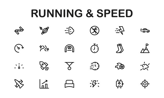 Running y Speed Icons Set Colección esencial para deportes de movimiento rápido y diseños de fitness