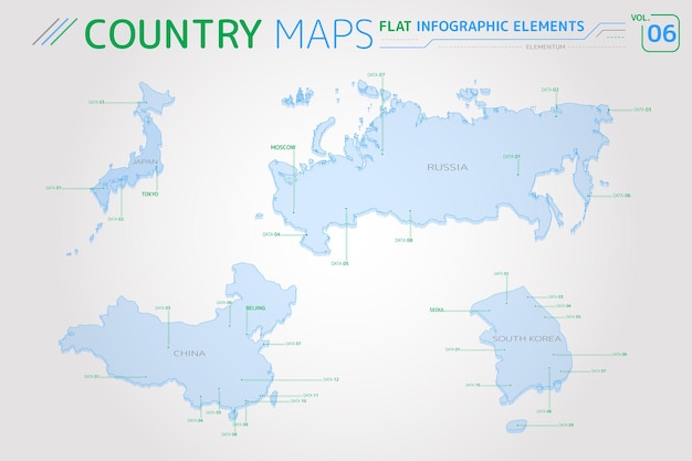 Rusia china japón y corea del sur mapas vectoriales