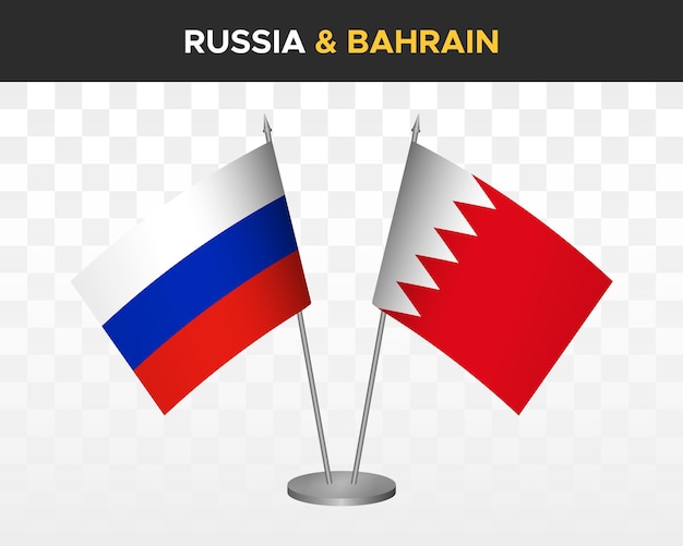 Rusia vs Bahrein escritorio banderas maqueta aislado en blanco 3d vector ilustración banderas de mesa rusas