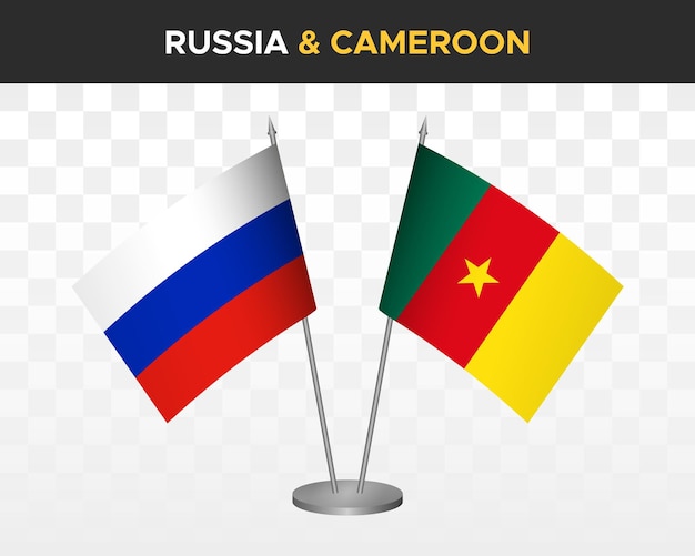 Rusia vs Camerún maqueta de banderas de escritorio aislado en blanco 3d vector ilustración banderas de mesa rusas