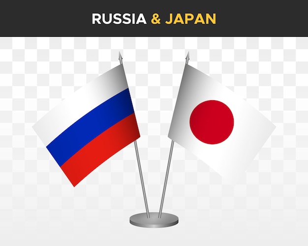 Rusia vs Japón maqueta de banderas de escritorio aislado en blanco 3d vector ilustración banderas de mesa rusas