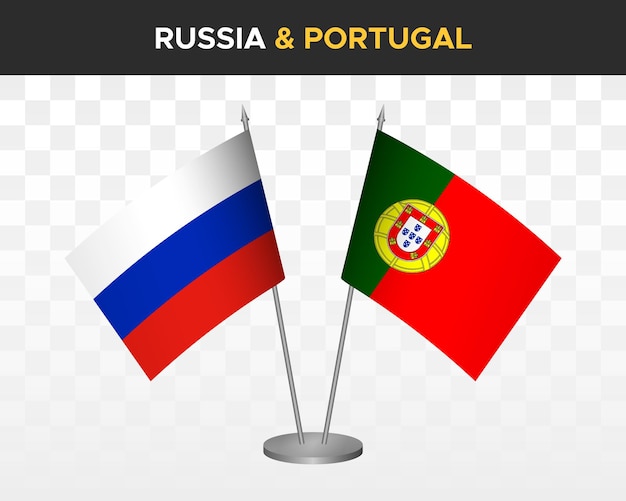 Rusia vs Portugal maqueta de banderas de escritorio aislado en blanco 3d vector ilustración banderas de mesa rusas