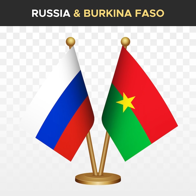 Russia vs Burkina Faso flags Russian 3d standing desk flag isolated on white