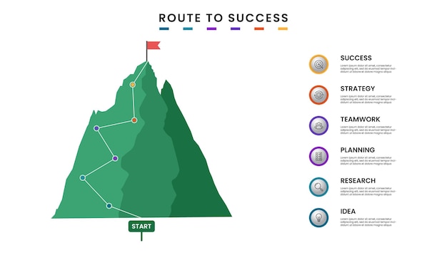 Ruta al éxito Diseño de plantilla infográfica de montaña con iconos seis pasos u opción