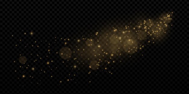 Ruta de brillo dorado con chispas de polvo y remolino mágico Ola abstracta con destello brillante y confeti Efecto de luz 3D de lujo para cumpleaños de vacaciones Diseño festivo transparente aislado vectorial