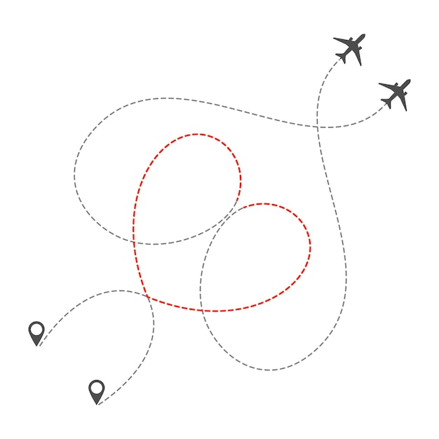 Ruta de dos aviones con línea discontinua en forma de corazón. viaje romántico del día de san valentín o vacaciones. amor por viajar en avión. ilustración vectorial aislada