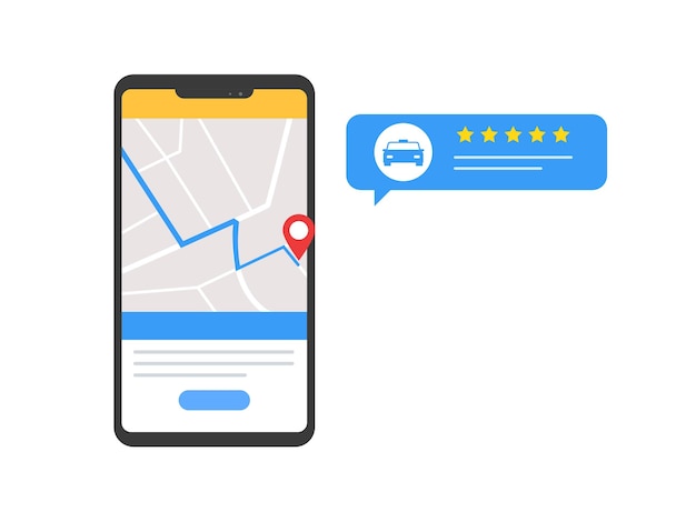 Vector ruta de entrega de automóviles en el mapa, calificación y comentarios en la aplicación para teléfonos inteligentes taxi en línea