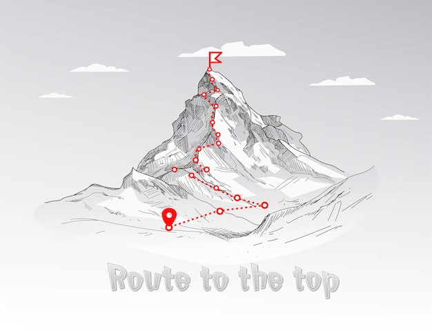 Ruta de escalada al pico. ruta de viaje de negocios en progreso al concepto de éxito.