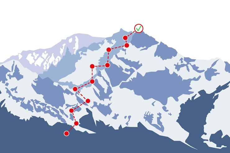 Vector ruta de escalada de montaña al pico cima de la montaña con bandera roja concepto de éxito empresarial ilustración vectorial en estilo plano