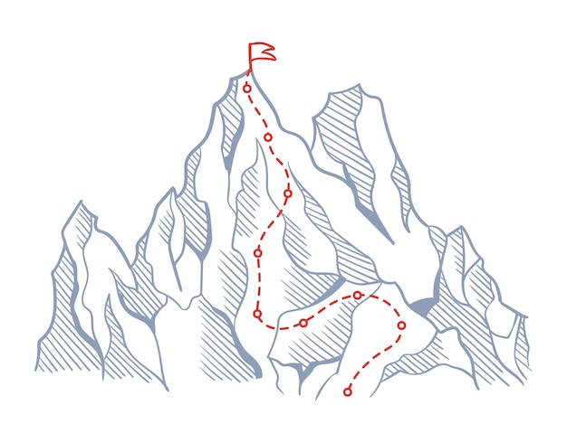 Ruta de escalada de montaña a la cima de la roca con bandera roja en la cima ruta de viaje de negocios en progreso camino al éxito o concepto de meta estilo de línea de conexión de punto de polígono vectorial