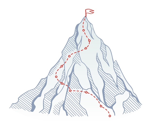 Ruta de escalada de montaña a la cima de la roca con bandera roja en la cima Ruta de viaje de negocios en progreso camino al éxito o concepto de meta Estilo de línea de conexión de punto de polígono vectorial