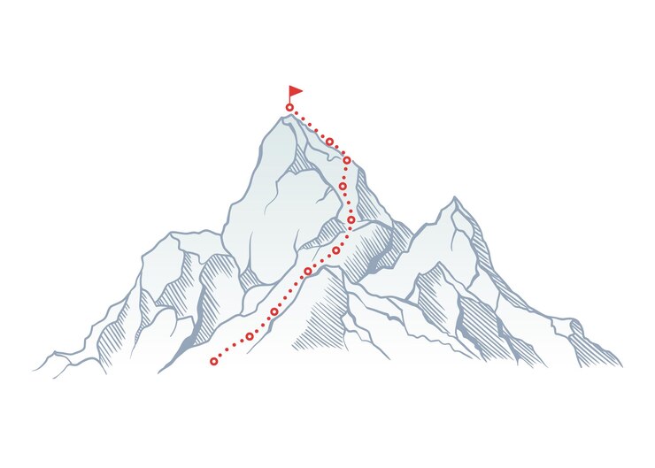 Vector ruta de escalada de montaña a la cima de la roca con bandera roja en el pico ruta de viaje de negocios en progreso camino a
