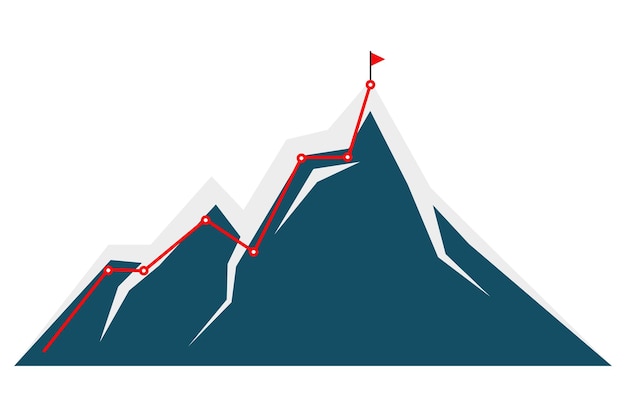 Ruta de escalada de montaña a infografía pico en diseño plano vectorial