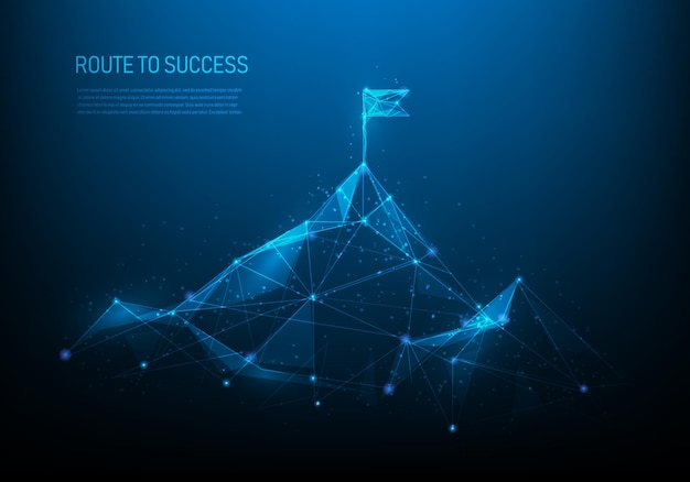 Ruta hacia el éxito de estructura alámbrica de baja poli. Camino de montaña a la cima. Ideas de negocios de inversión para el éxito.