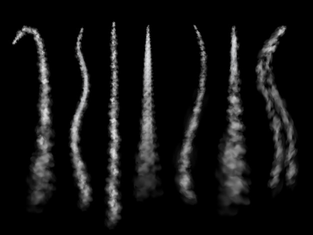 Ruta de humo Ruta de avión de aviación blanca Rutas de avión ligero o cohete Nube de vapor cielo contrails caída de cometa o meteorito Vector de vapor transparente realista aislado en conjunto negro