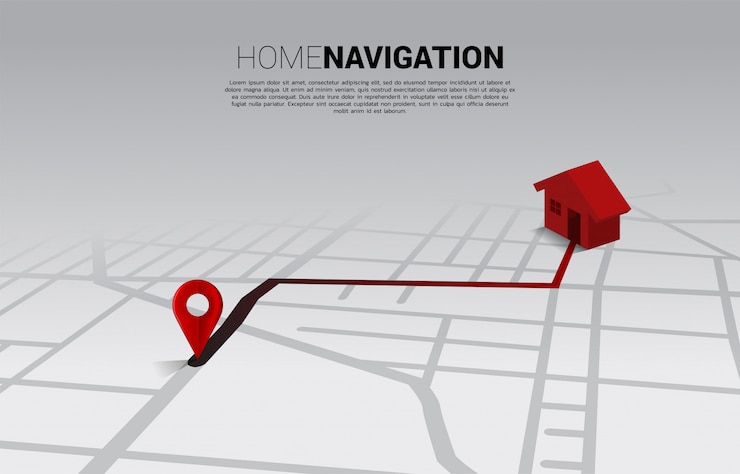 Vector ruta entre marcadores de pin de ubicación 3d y el hogar en el mapa de carreteras de la ciudad. concepto de infografía del sistema de navegación gps.