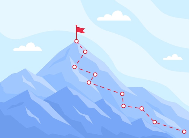 Ruta montañismo Exitoso líder viaje de negocios escalar ruta a montañas pico logro superior alcanzar objetivo concepto escalador misión mapa progreso vector ilustración