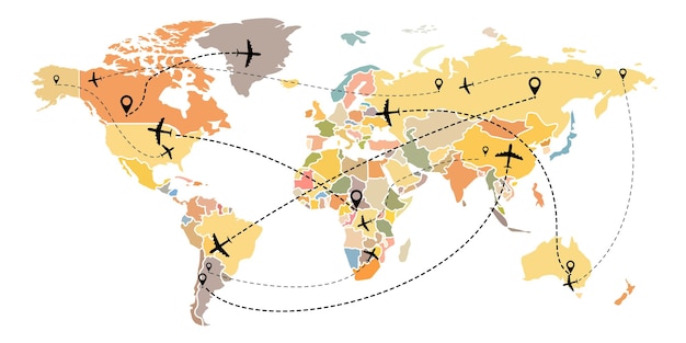 Ruta de vuelo del avión en el mapa mundial. vuelo lineal de la aeronave con los puntos de partida y trazos de la línea discontinua. estilo plano. aislado en un fondo blanco. ilustración vectorial