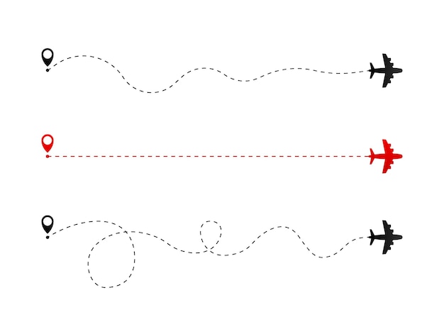 Vector ruta de vuelo plana viajar con diferentes opciones de itinerario la ruta a la ubicación en el avión