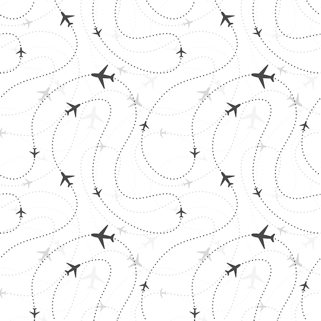 Rutas aéreas con aviones, papel tapiz de patrones sin fisuras