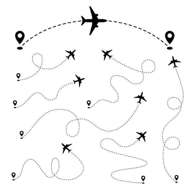 Rutas de avión. plano de línea de trazo discontinuo desde el punto. conjunto de vectores