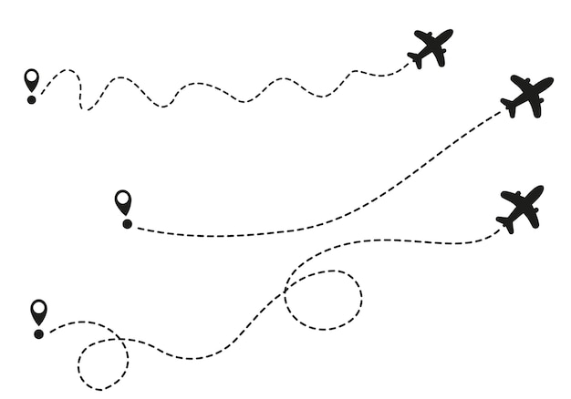 Rutas de avión sobre fondo blanco Concepto de viaje romántico Icono de vector de ruta de línea de avión