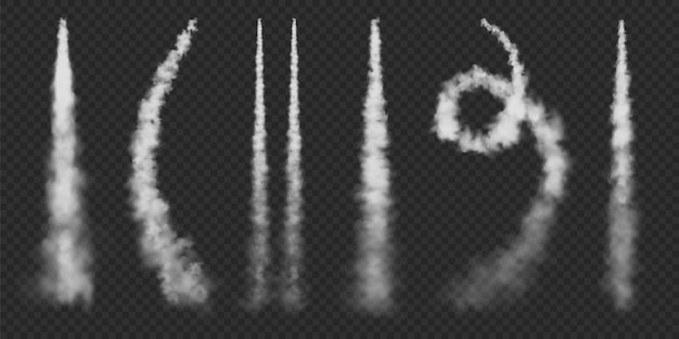 Vector rutas de condensación realistas de aviones, lanzamientos de cohetes espaciales, misiles o aviones a reacción con rutas de balas