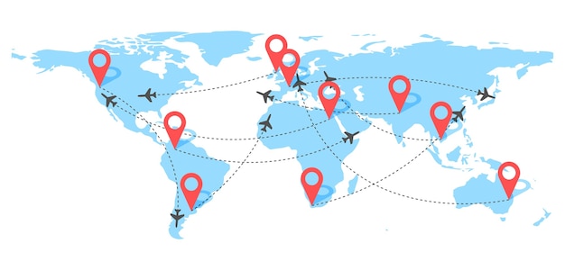 Rutas de vuelo del avión con un pin rojo y un trazo de línea de trazo ruta discontinua en el fondo del mapa mundial