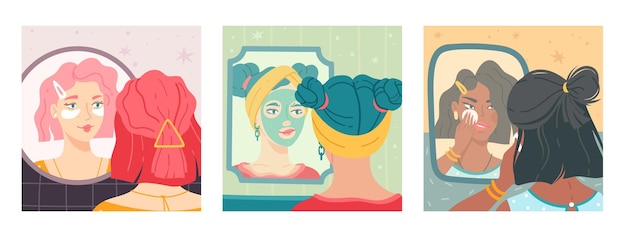 Rutina de belleza en el espejo Reflexión de la cara femenina Las niñas componen los procedimientos de cuidado de la piel en el hogar colección de escenas señoras mujeres cosméticas en los interiores del baño Carteles de dibujos animados de moda vectorial