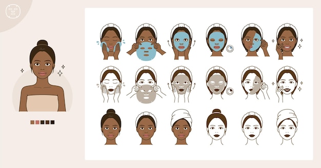 Vector rutina cosmética para el cuidado de la piel_uso de mascarilla facial_mujer negra africananiña