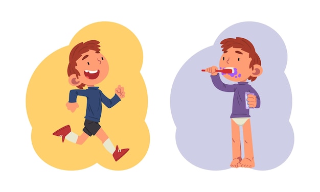 Rutina diaria de un escolar con un niño cepillándose los dientes y corriendo con un conjunto vectorial