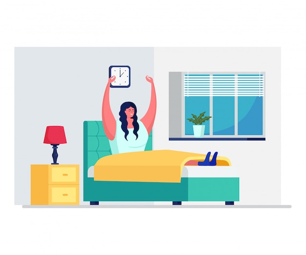 Rutina diaria de mañana de mujer, mujer despierta aislado en blanco, ilustración plana. Mujer descansando en el dormitorio temprano despertar.