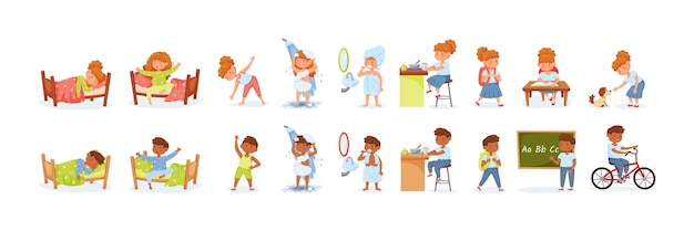 Rutina diaria de los niños Niña y niño con diferentes actividades Niños despertándose haciendo ejercicio físico duchándose