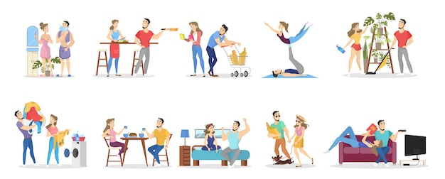 Rutina diaria de pareja amorosa de hombre y mujer. Desayuno cocinado y velada gimnástica. Concepto de estilo de vida. Ilustración de vector aislado en estilo de dibujos animados