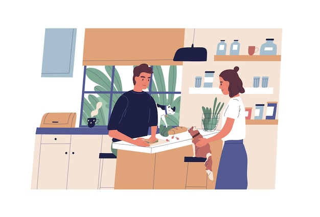 Rutina diaria de pareja joven. Hogar de marido y mujer. Linda familia y gatos en la cocina, escena casera diaria. Chico cocinando comida para el desayuno o el almuerzo. Ilustración de vector plano.