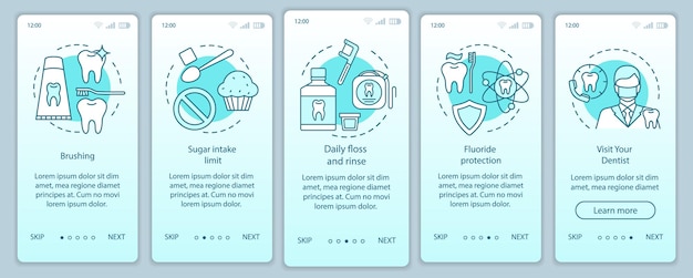 Rutina de higiene oral incorporando la pantalla de la página de la aplicación móvil con conceptos lineales. Odontología. Instrucciones gráficas de pasos de práctica de dientes sanos. UX, UI, plantilla vectorial GUI con ilustraciones