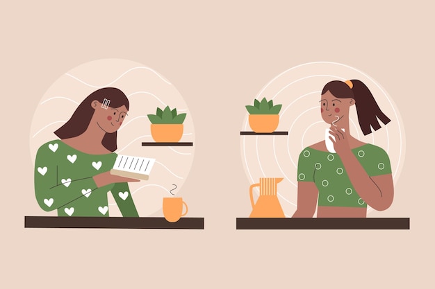 rutina matutina una mujer está leyendo un libro mujer bebiendo café matutino