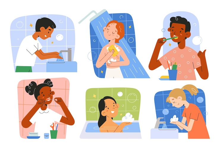 Vector rutinas de higiene infantil niña niño cepillarse los dientes usar hilo dental tomar ducha lavarse las manos cara vector conjunto