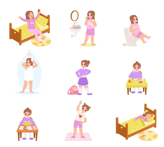 Rutinidad diaria de la niña activa Horario y actividades del día Niño mañana y noche Hábitos de higiene cotidianos Vestirse de forma acogedora Niño vectorial preescolar