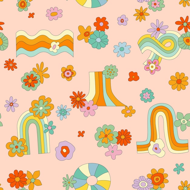 Vector s maravilloso hippie de patrones sin fisuras con fondo abstracto de margarita arcoiris hippie floral geométrico ondulado