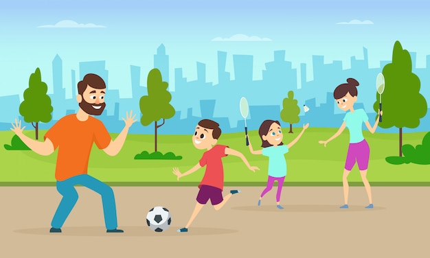 s de padres activos jugando juegos deportivos en parque urbano